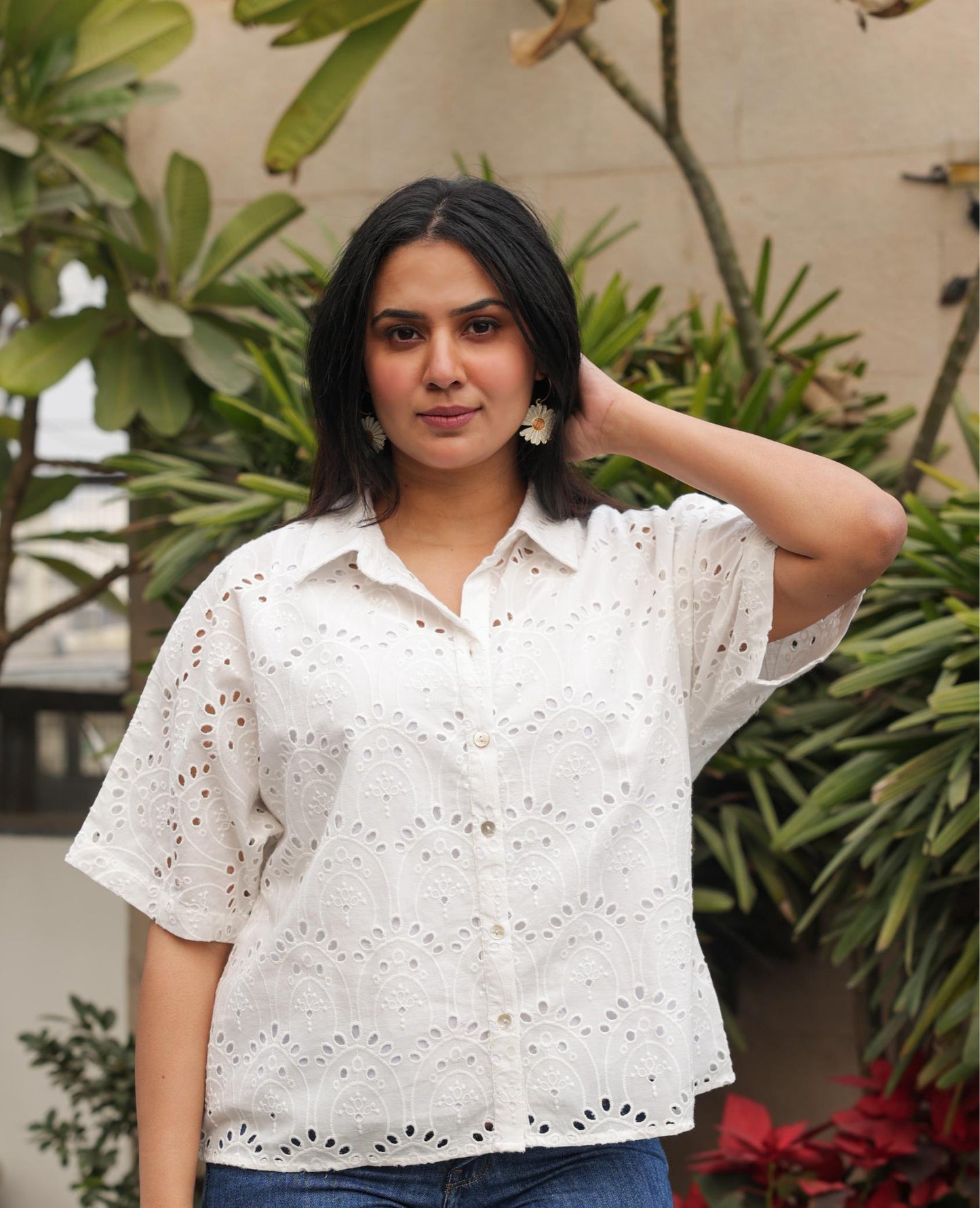 White Cotton Eyelet Embroidered Shirt