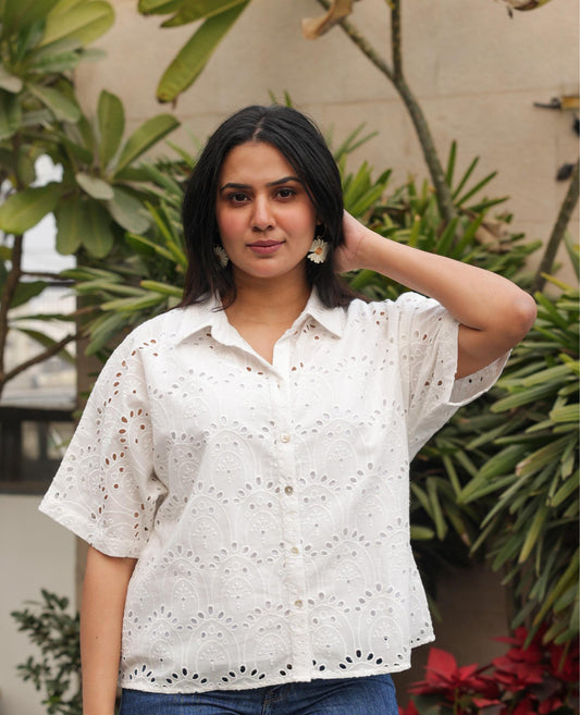 White Cotton Eyelet Embroidered Shirt
