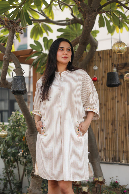 Beige & White Striped Cotton Shirt Dress