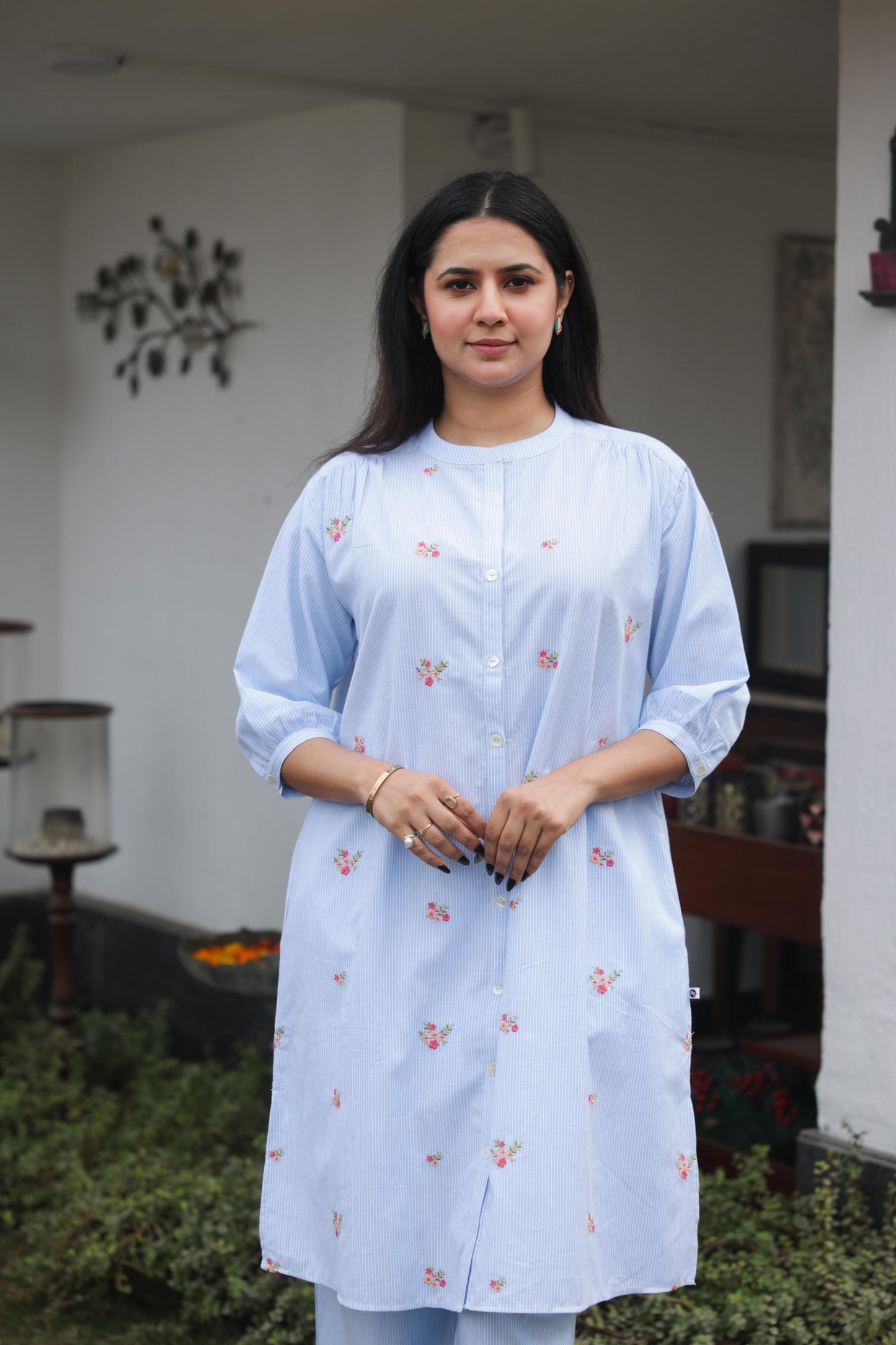 Blue Stripe Floral Co-ord Set – Soft, Elegant & Timeless