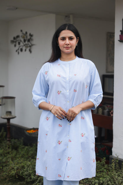 Blue Stripe Floral Co-ord Set – Soft, Elegant & Timeless