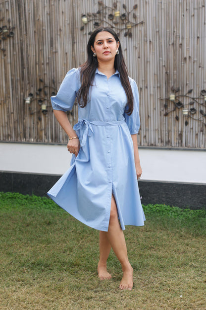Blue Belted Shirt Dress