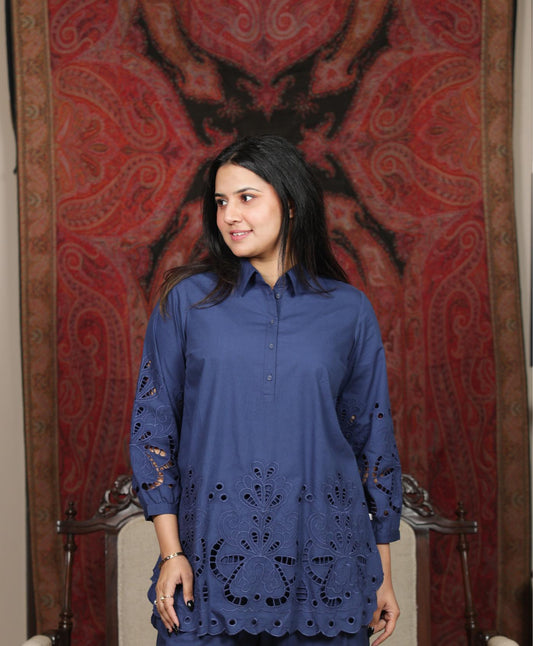 Elegant Navy Schiffli Tunic
