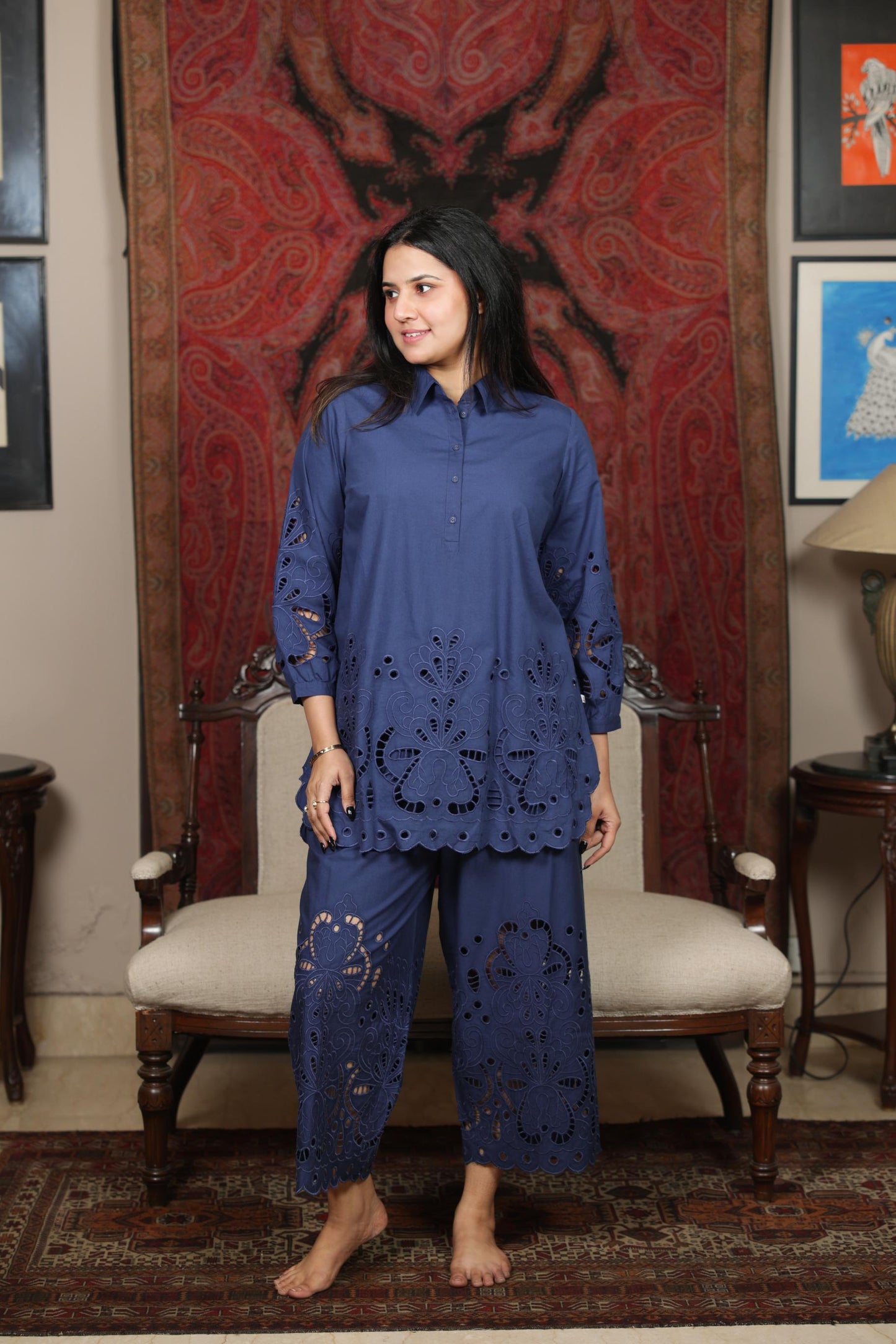 Elegant navy Schiffli Co-ord Set