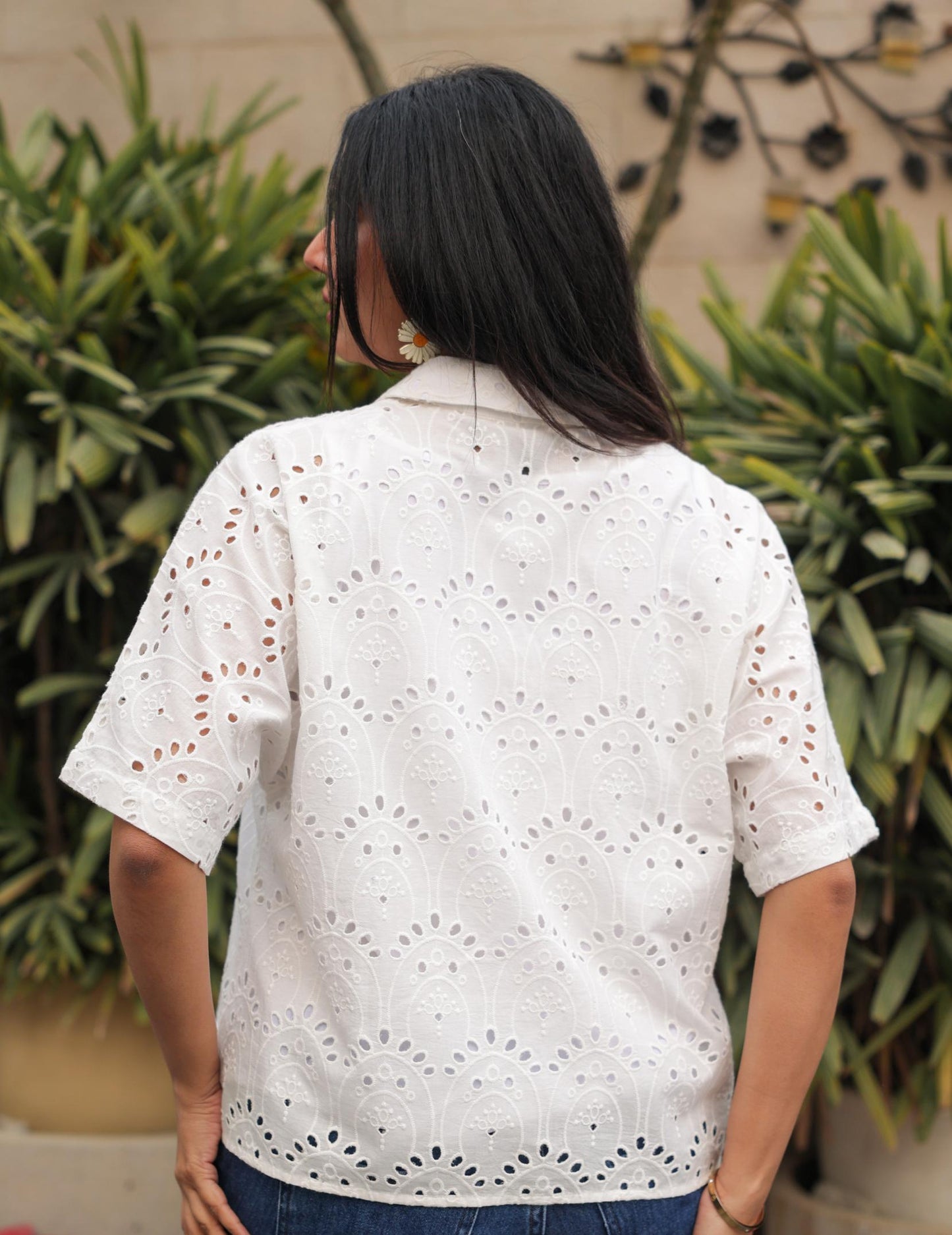 White Cotton Eyelet Embroidered Shirt