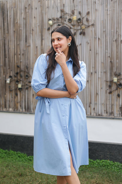 Blue Belted Shirt Dress
