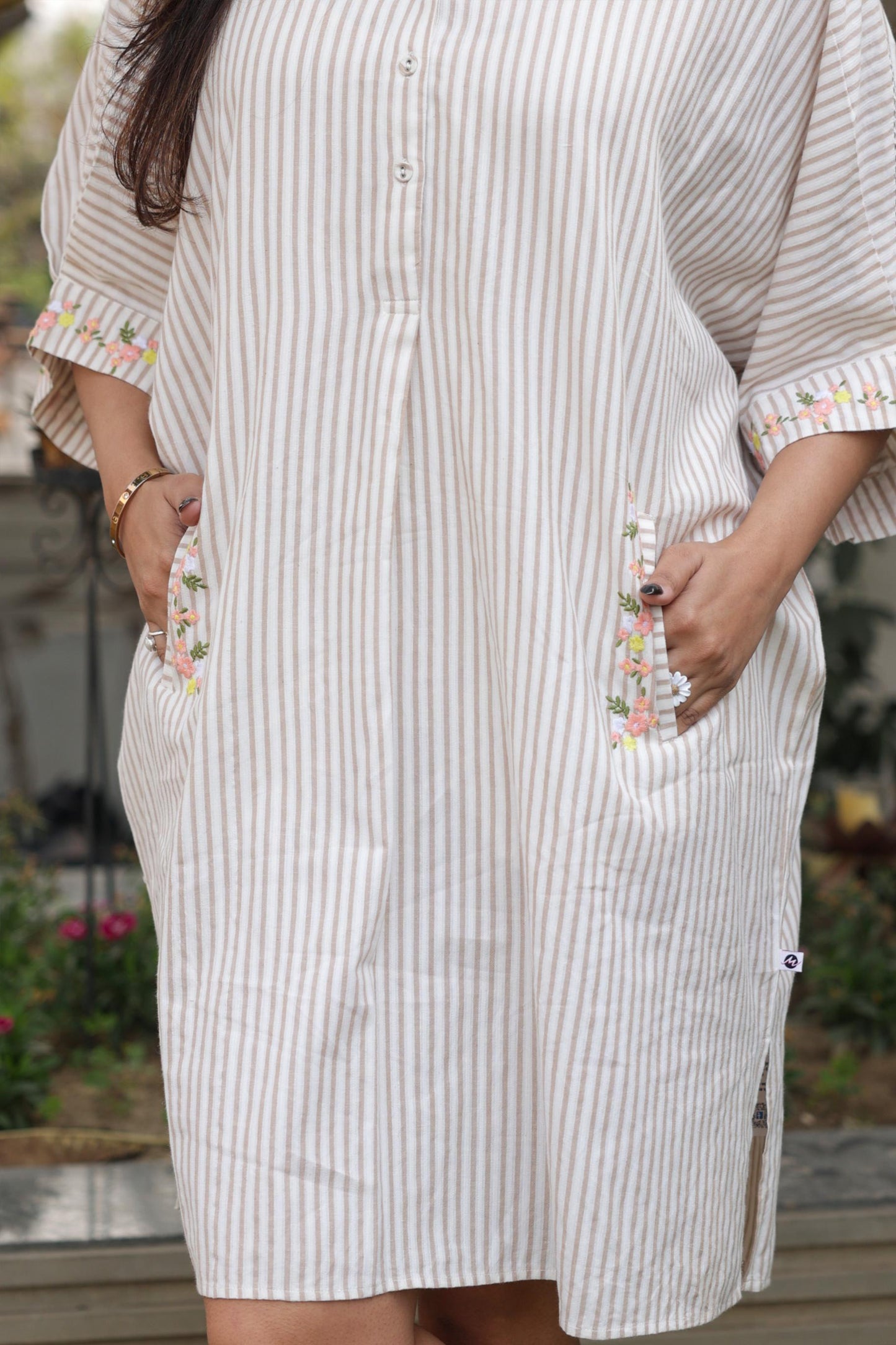Beige & White Striped Cotton Shirt Dress