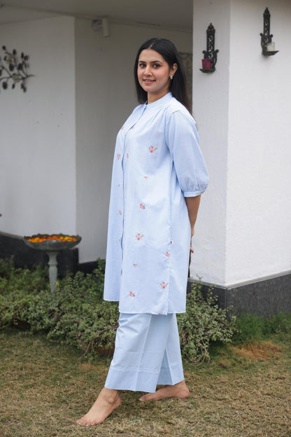 Blue Stripe Floral Co-ord Set – Soft, Elegant & Timeless