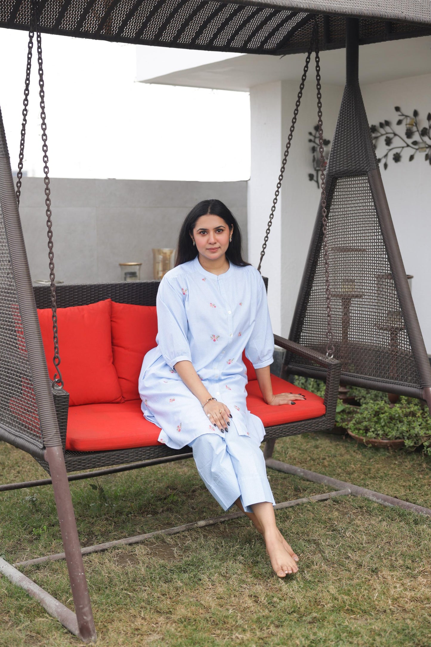 Blue Stripe Floral Co-ord Set – Soft, Elegant & Timeless