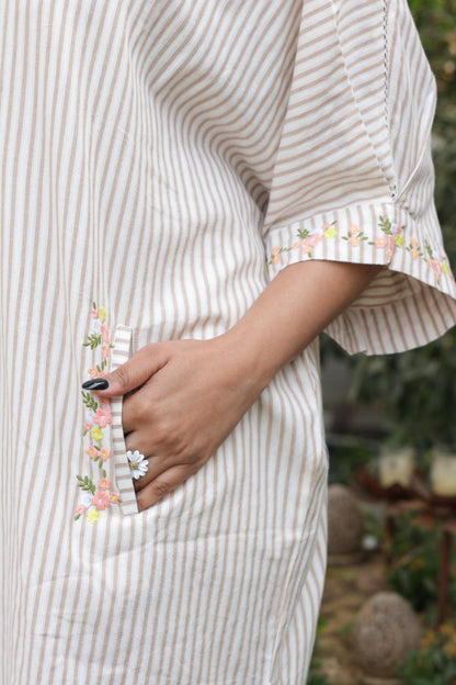 Beige & White Striped Cotton Shirt Dress