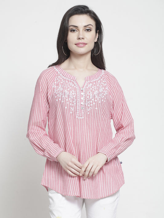 Pink and white striped cotton top with lace yoke