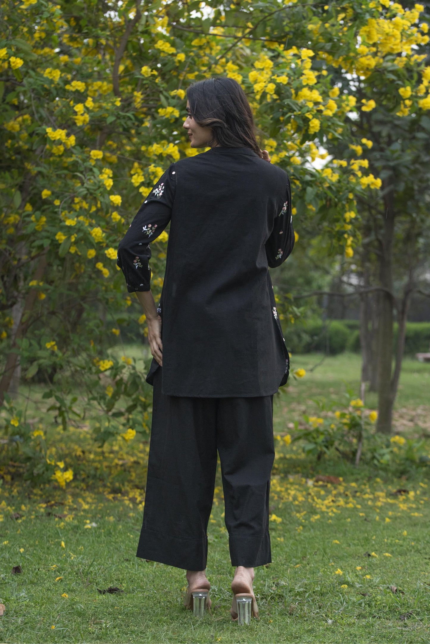 Black floral kurta paired with pant