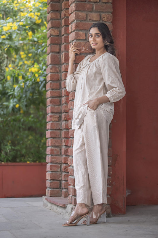 Beige stripe tonal coord set
