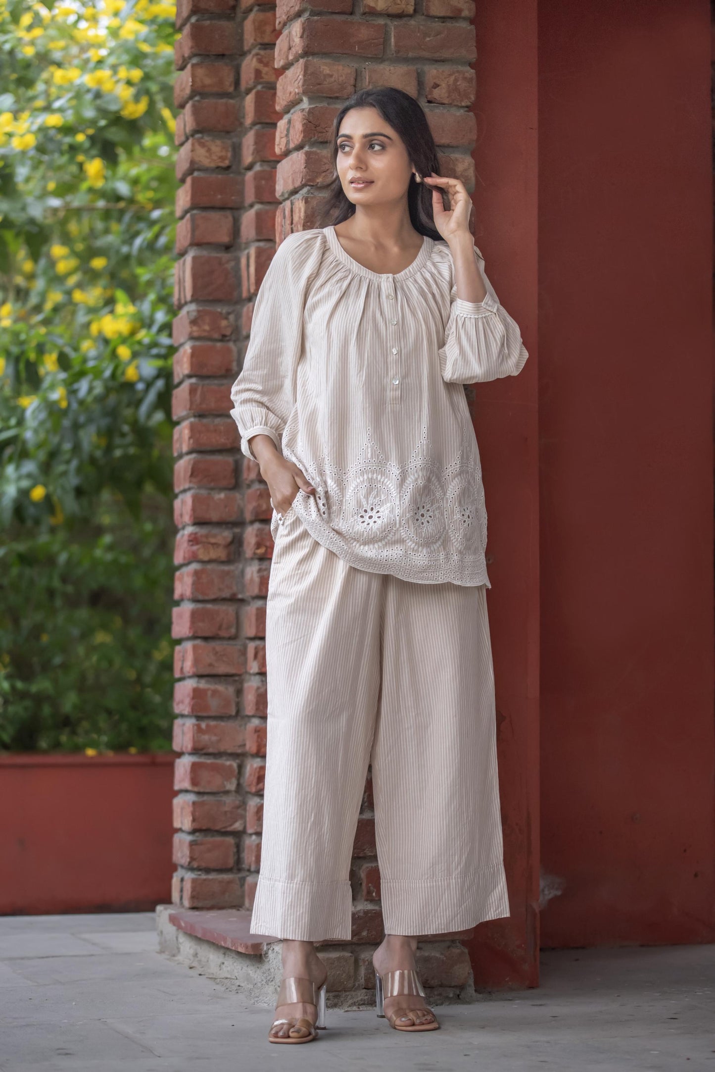 Beige stripe tonal coord set